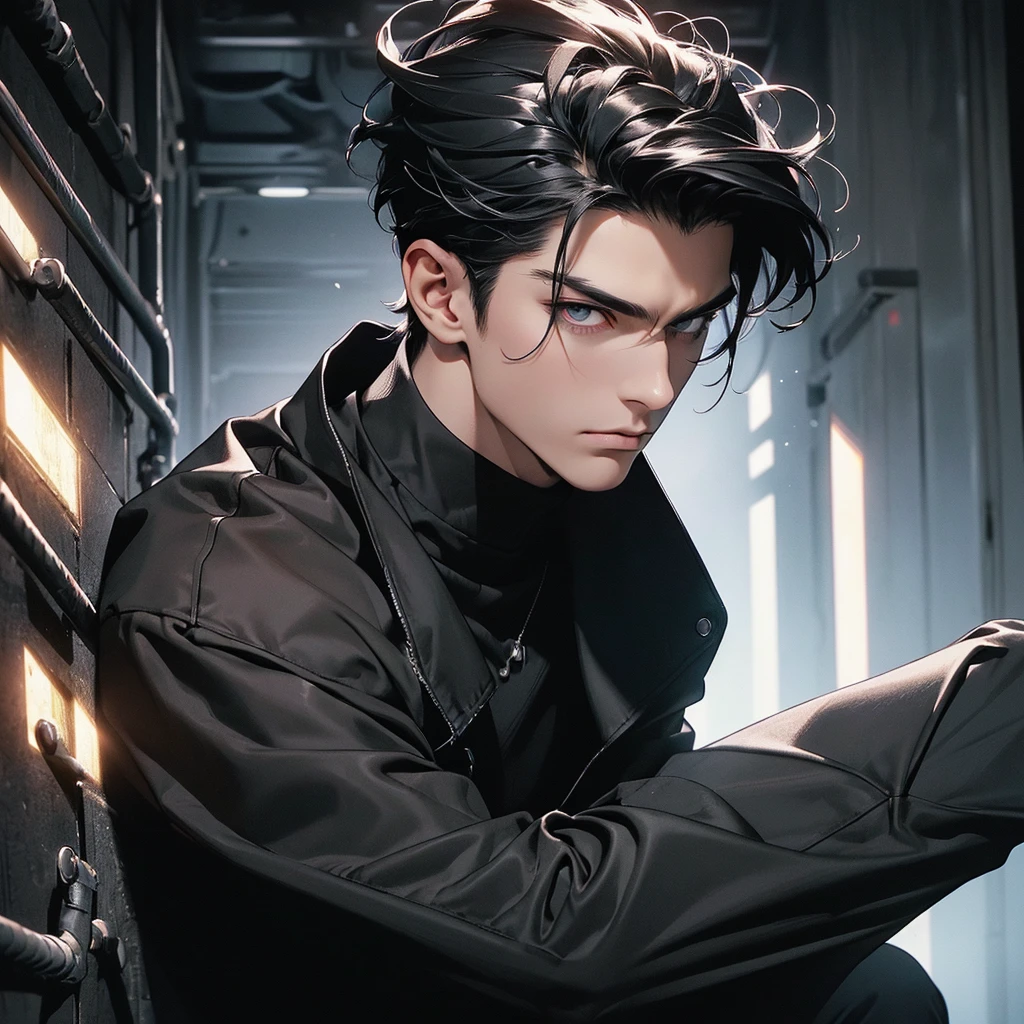 "(The best quality, 4k, 8k, High Resolutions, Masterpiece:1.2), ultra detailed, (realist, fotorrealist, fotorrealist: 1.37), Manhwa, (1 male, man, a man 20-30 years old), Gothic style, demonic, elegant, masculine, dominant, attractive, sexy, a penetrating look, (Messy short hair black hair), fringe that covers his forehead, perfect and detailed face, big body, muscular, ectomorfo, Without beard, demonic smile, mocking expression, arrogant, Dynamic pose with a black cape, pumped body, good anatomy, (dressed in a black long-sleeved shirt, black turtleneck, black denim pants, heavy boots, black leather gloves on both hands, long black horns facing back), (detailed eyes, Even the eyes)