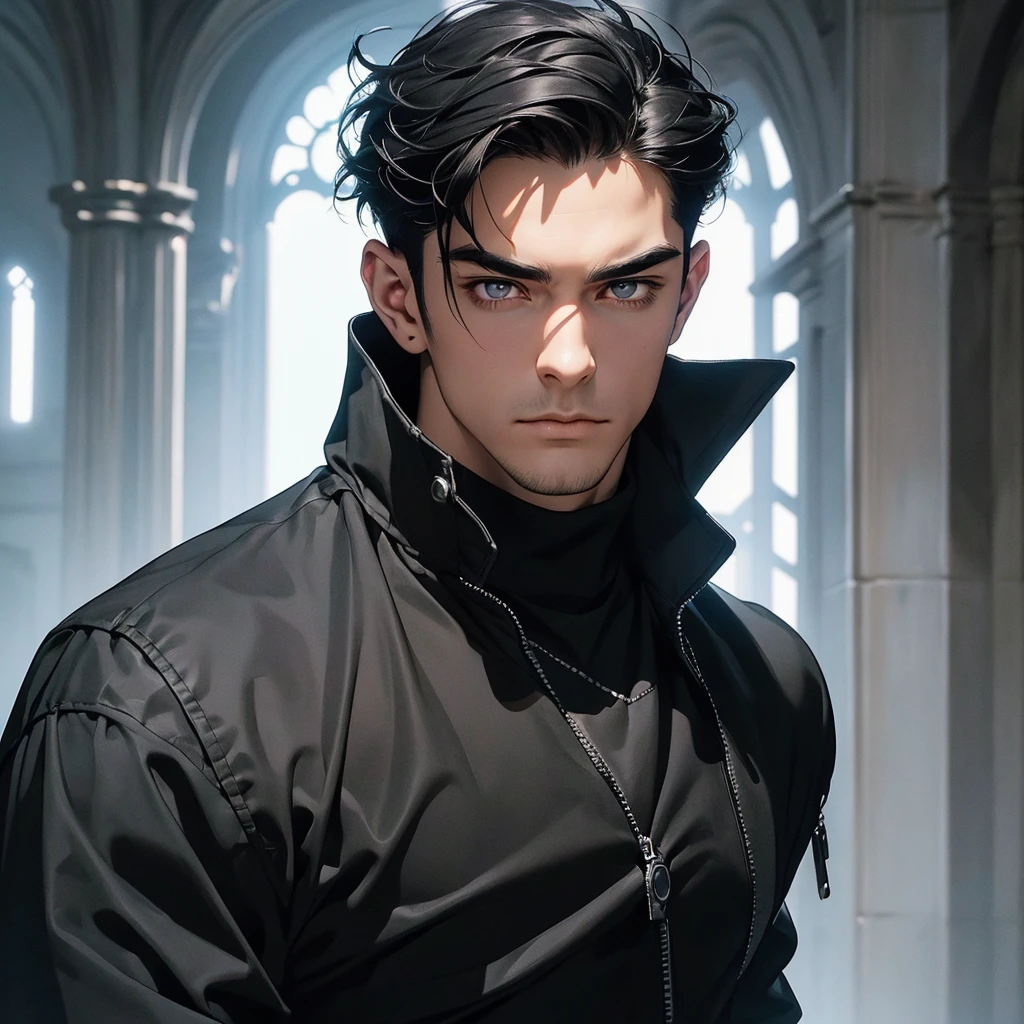 "(The best quality, 4k, 8k, High Resolutions, Masterpiece:1.2), ultra detailed, (realist, fotorrealist, fotorrealist: 1.37), Manhwa, (1 male, man, a man 20-30 years old), Gothic style, demonic, elegant, masculine, dominant, attractive, sexy, a penetrating look, (Messy short hair black hair), fringe that covers his forehead, perfect and detailed face, big body, muscular, ectomorfo, Without beard, demonic smile, mocking expression, arrogant, Dynamic pose with a black cape, pumped body, good anatomy, (dressed in a black long-sleeved shirt, black turtleneck, black denim pants, heavy boots, black leather gloves on both hands, long black horns facing back), (detailed eyes, Even the eyes)
