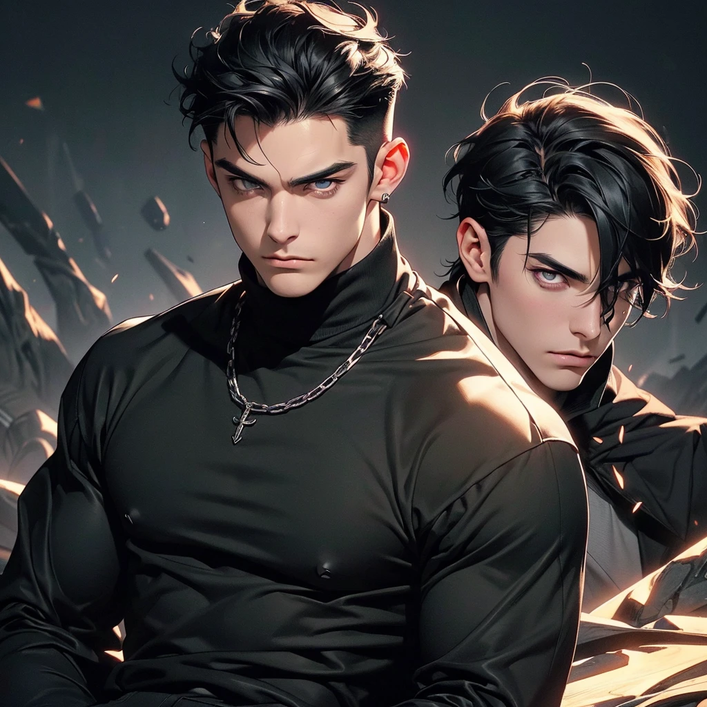 "(The best quality, 4k, 8k, High Resolutions, Masterpiece:1.2), ultra detailed, (realist, fotorrealist, fotorrealist: 1.37), Manhwa, (1 male, man, a man 20-30 years old), Gothic style, demonic, elegant, masculine, dominant, attractive, sexy, a penetrating look, (Messy short hair black hair), fringe that covers his forehead, perfect and detailed face, big body, muscular, ectomorfo, Without beard, demonic smile, mocking expression, arrogant, Dynamic pose with a black cape, pumped body, good anatomy, (dressed in a black long-sleeved shirt, black turtleneck, black denim pants, heavy boots, black leather gloves on both hands, long black horns facing back), (detailed eyes, Even the eyes)