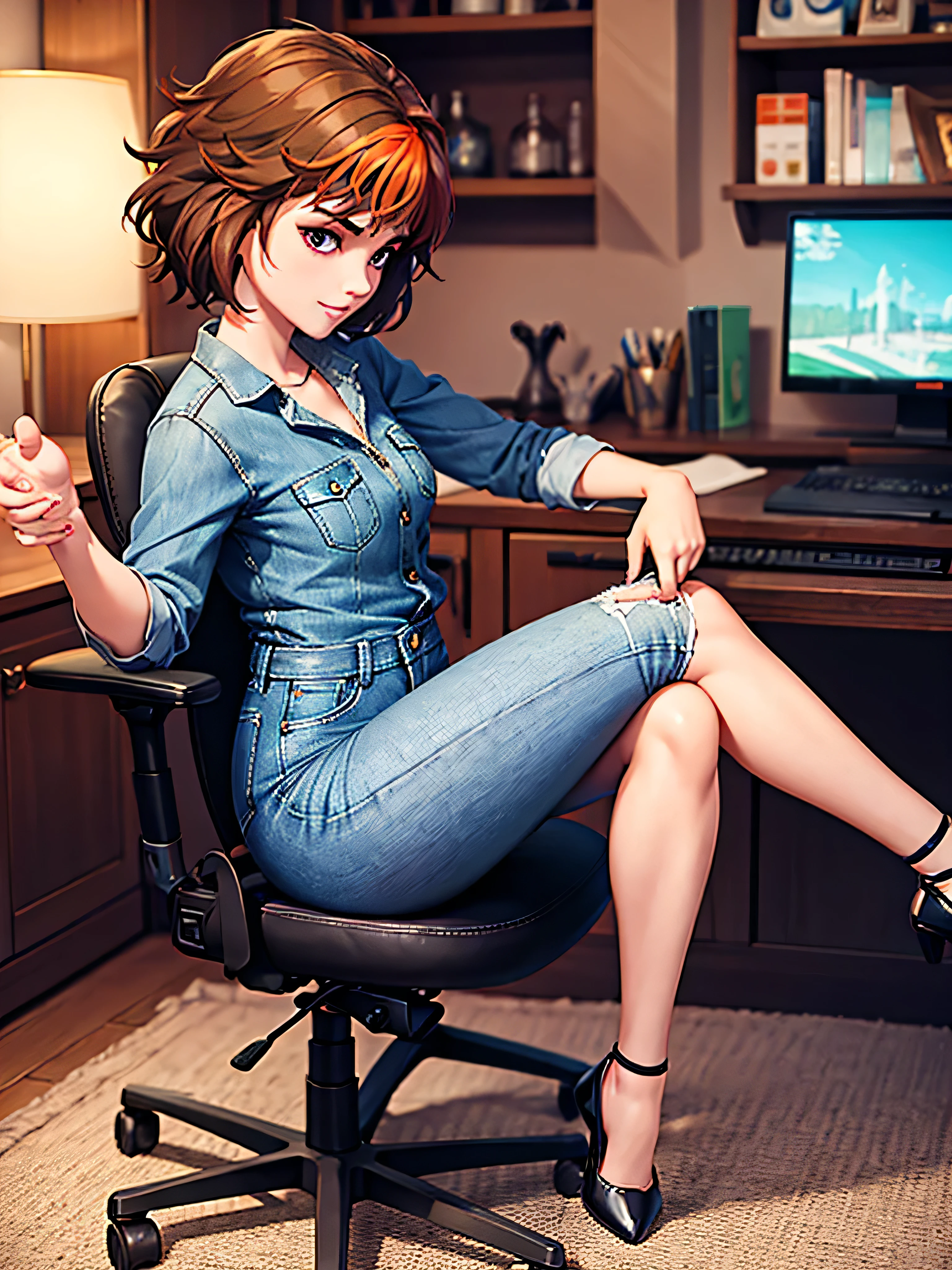merula, sitting on a chair with her legs up, gaming chair, sexy pose, sitting pose, blue jeans, high heels pinks, legs up, side view