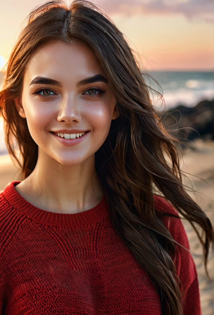 (20 year old woman on a beach, long brown hair, sporty body, beautiful detailed eyes, beautiful detailed lips, (beautiful smile) , extremely detailed face and features, long eyelashes, elegant woman, graceful pose, soft warm lighting, cinematic lighting, Simple lighg red sweater, highly detailed environment, photorealistic, 8k, hyper detailed, masterpiece, cinematic, digital art, concept art)