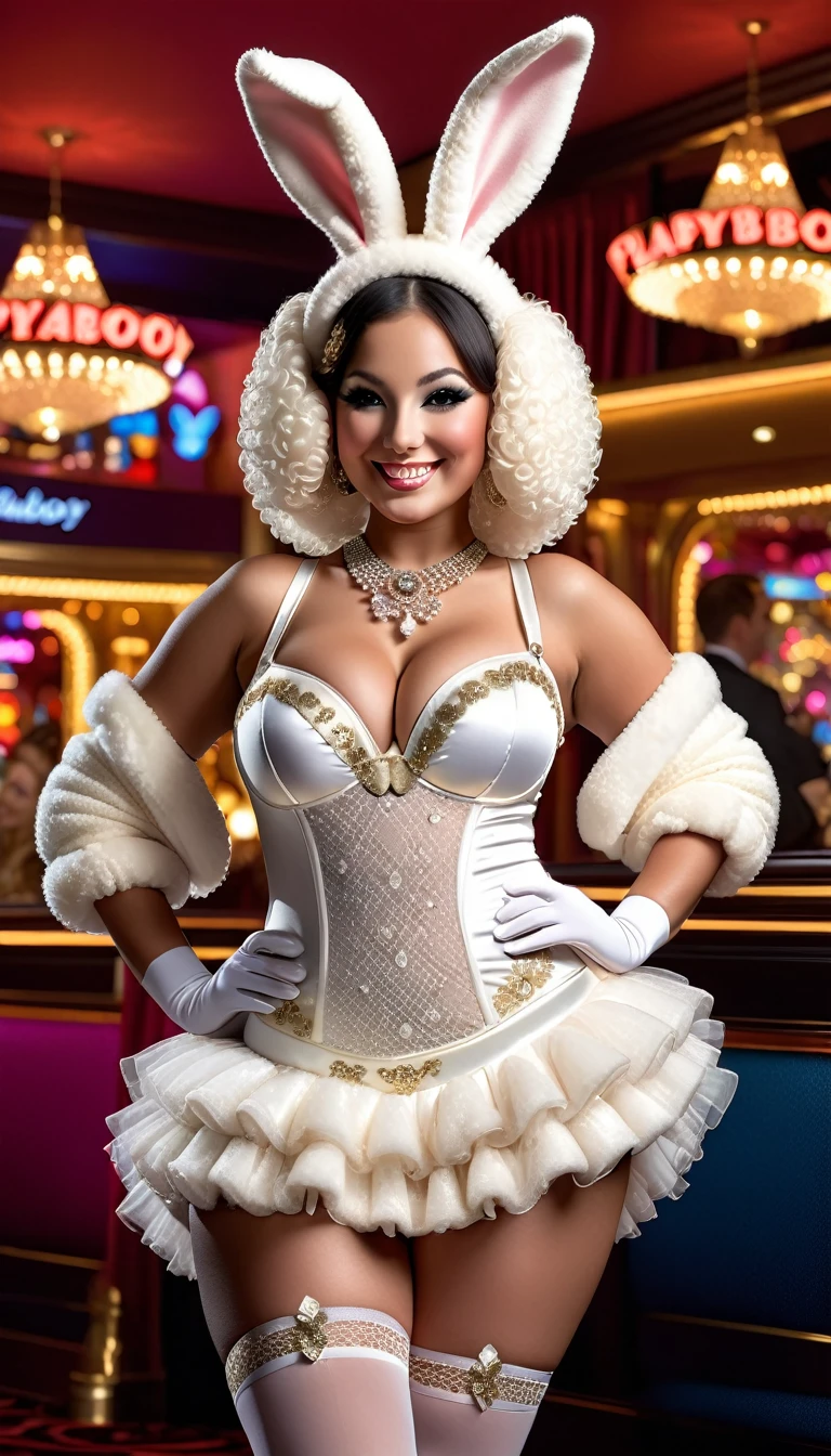 photorealistic portrait of Dressed animals - a (fat) ((sheep)) dancer,(furry), (elegant pose:1.5), (hands on hips:1.5),(smile:1.5),high quality,(happy),(lovely) ,intricate details,break, Wearing playboy bunny costume, (bunny ears), highly detailed (( playboy bunny clothes)) ,highly detailed decorations of clothes, Fishnet panty horse , (happy), soft lighting,(full body image:2.0),luxury casino background,(high heels),