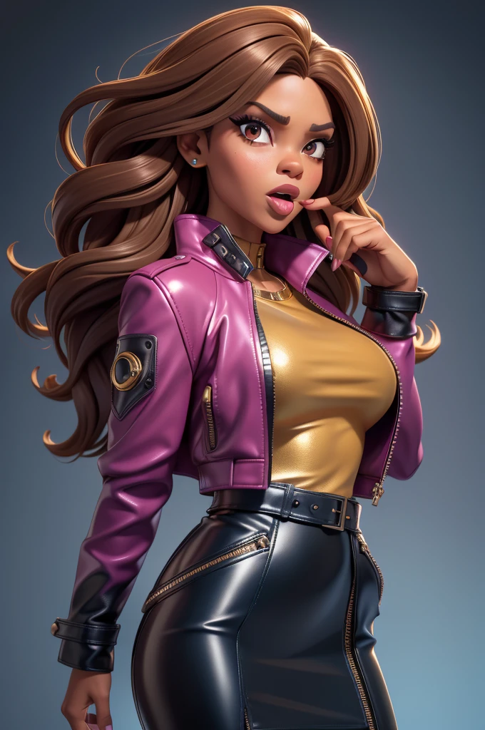 obra prima, melhor qualidade, ((only one woman,)) ((sunny hostin, dark skin, permed light brown hair,)) head back, (frown, sassy wicked sultry sneer, open mouth, pucker mouth,) sunglasses, thick smoky black eye shadow, long fake eyelashes, sticking tongue out, ((magenta leather jacket with puff shoulder,)) biker jacket has stiff collar, leather blouse, ((gold silver leather sweater dress, metallic leather sun dress, leather culottes,)) periwinkle blazer length leather coat, ((cerulean blue pvc skirt, pockets, zipper side,)) studs zippers snaps, shiny leather gloves, nip slip, body is skinny, shiny tight buttocks, arched back, camera view of whole body, looking up at me, shallow depth of field, highres, HD, 8k, anatomically correct