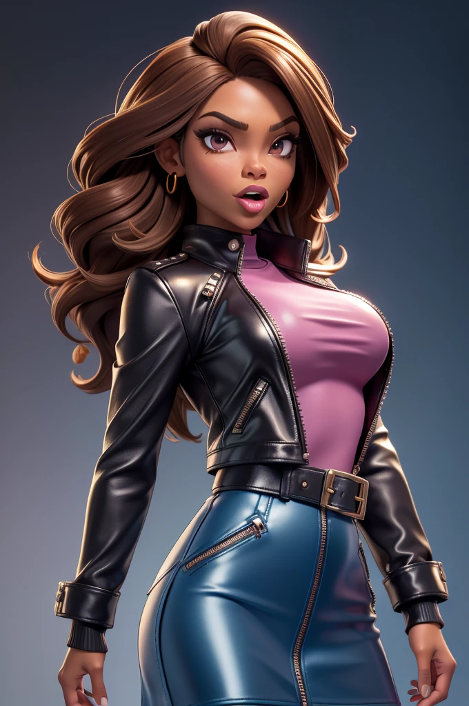 obra prima, melhor qualidade, ((one woman only,)) ((harris faulkner, glamor makeup, big cheeks,)) brown bob hair, head back, sexy sultry look, big open mouth smile, ((big dimples,)) wearing shiny black pvc biker jacket, ((jacket is unzipped and wide open, nip slip,)) jacket has padded puff shoulders, shiny leather gloves, ((brown distressed leather skinny pants,)) body is skinny, shiny tight ass, ((arched back, thrusting pelvis,)) (camera view of whole body,) looking up at me, shallow depth of field, highres, HD, 8k, anatomically correct
