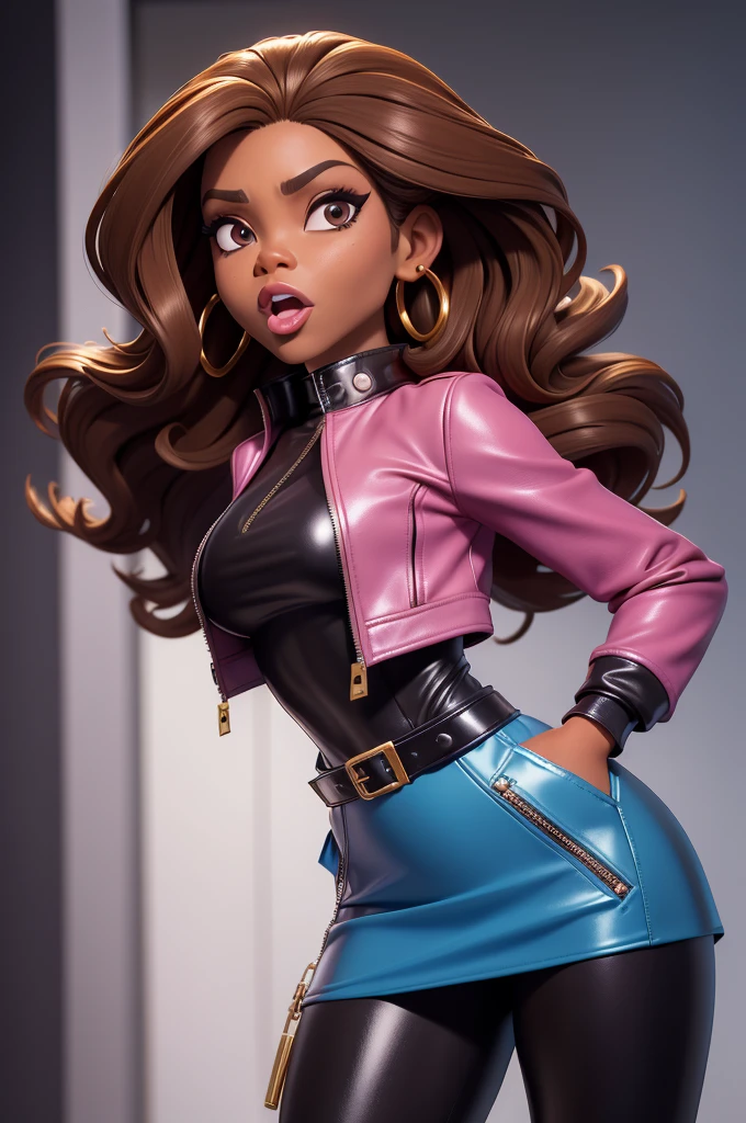 obra prima, melhor qualidade, ((only one woman,)) ((sunny hostin, dark skin, permed light brown hair,)) head back, (frown, sassy wicked sultry sneer, open mouth, pucker mouth,) sunglasses, thick smoky black eye shadow, long fake eyelashes, sticking tongue out, ((magenta leather jacket with puff shoulder,)) biker jacket has stiff collar, leather blouse, ((gold silver leather sweater dress, metallic leather sun dress, leather culottes,)) periwinkle blazer length leather coat, ((cerulean blue pvc skirt, pockets, zipper side,)) studs zippers snaps, shiny leather gloves, nip slip, body is skinny, shiny tight buttocks, arched back, camera view of whole body, looking up at me, shallow depth of field, highres, HD, 8k, anatomically correct