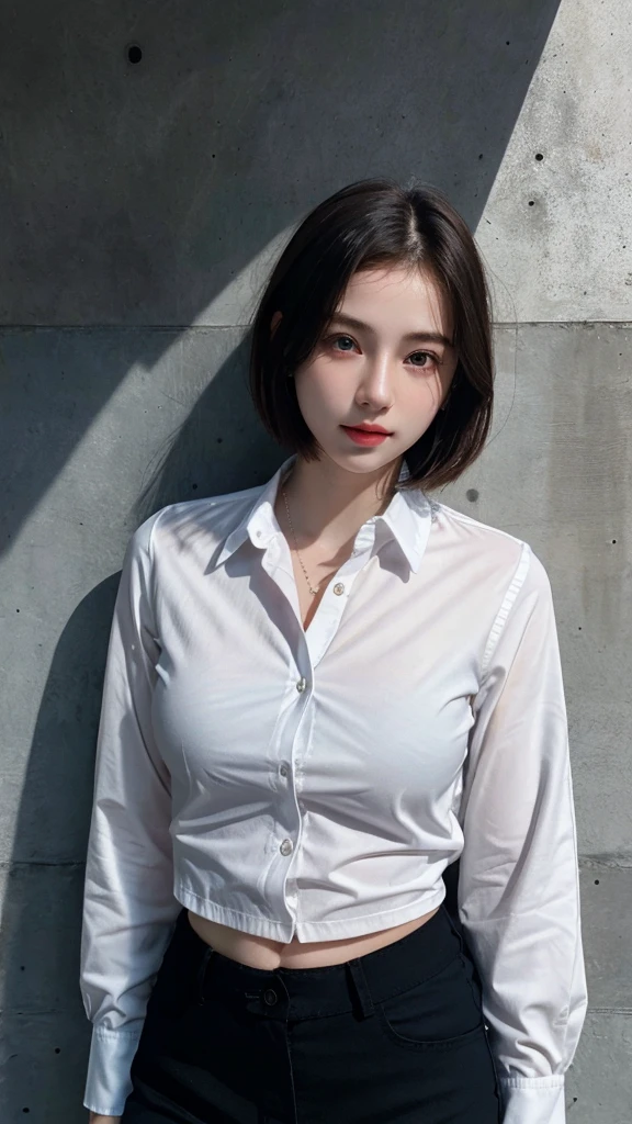 ((best quality)), photorealistic, photorealism, Photorealistic, high resolution, Beautiful, Baby Face, 20 Years Old, White Skin, pale skin, Medium Breast, Combat pose, looking at the camera, (Detailed face), short hair, (wearing white long sleeve button up blouse, trouser, black gloves, high-tech headset), cloths color based on black dark blue), Gun, Fingers are occluded, concrete murall wall background,