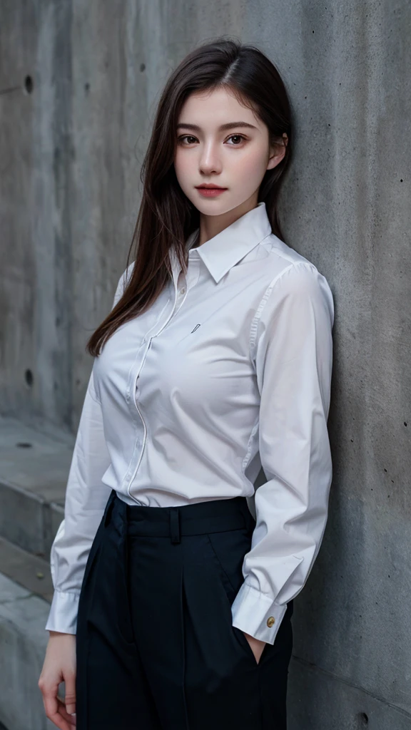 ((best quality)), photorealistic, photorealism, Photorealistic, high resolution, Beautiful, , 20 Years Old, White Skin, pale skin, Medium Breast, Combat pose, looking at the camera, (Detailed face), short hair, (wearing white long sleeve button up blouse, trouser, black gloves, high-tech headset), cloths color based on black dark blue), Gun, Fingers are occluded, concrete murall wall background,