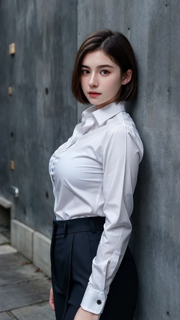 ((best quality)), photorealistic, photorealism, Photorealistic, high resolution, Beautiful, , 20 Years Old, White Skin, pale skin, Medium Breast, Combat pose, looking at the camera, (Detailed face), short hair, (wearing white long sleeve button up blouse, trouser, black gloves, high-tech headset), cloths color based on black dark blue), Gun, Fingers are occluded, concrete murall wall background,