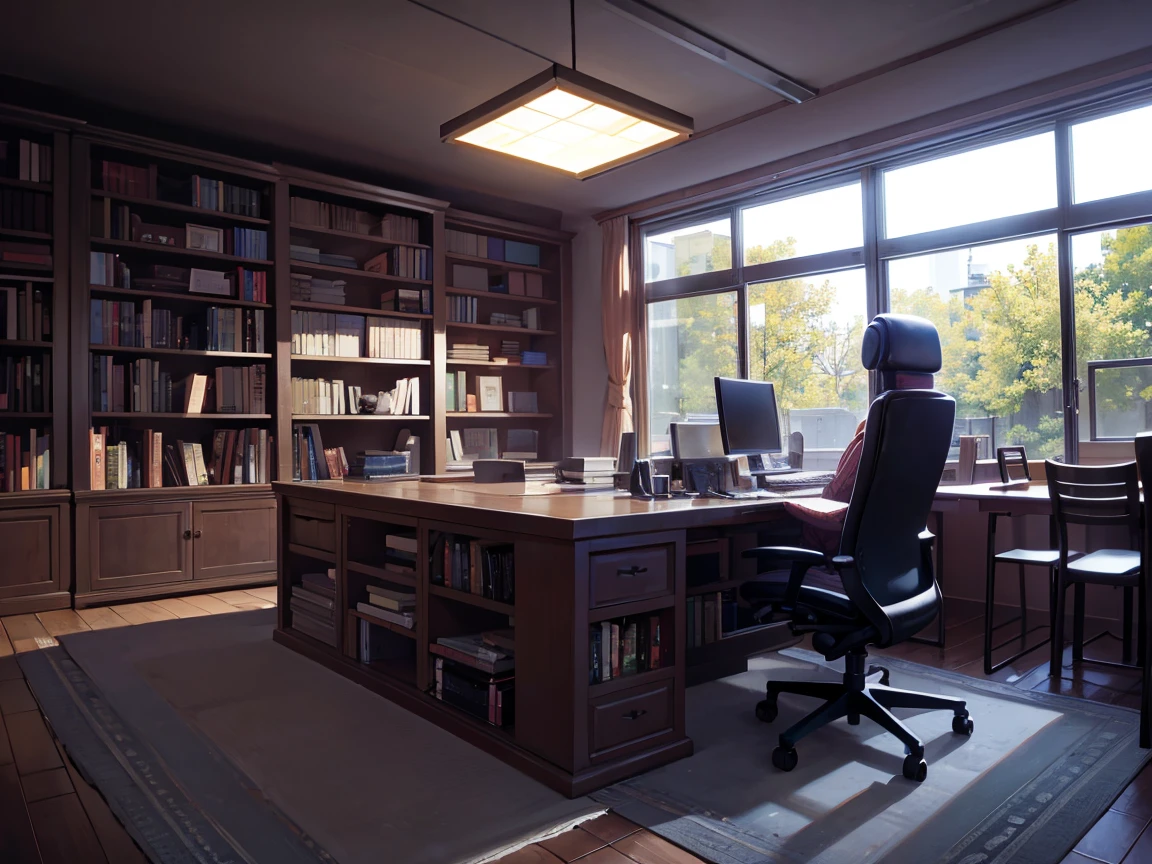 A dark room filled with bookshelves、desk with a computer、No people