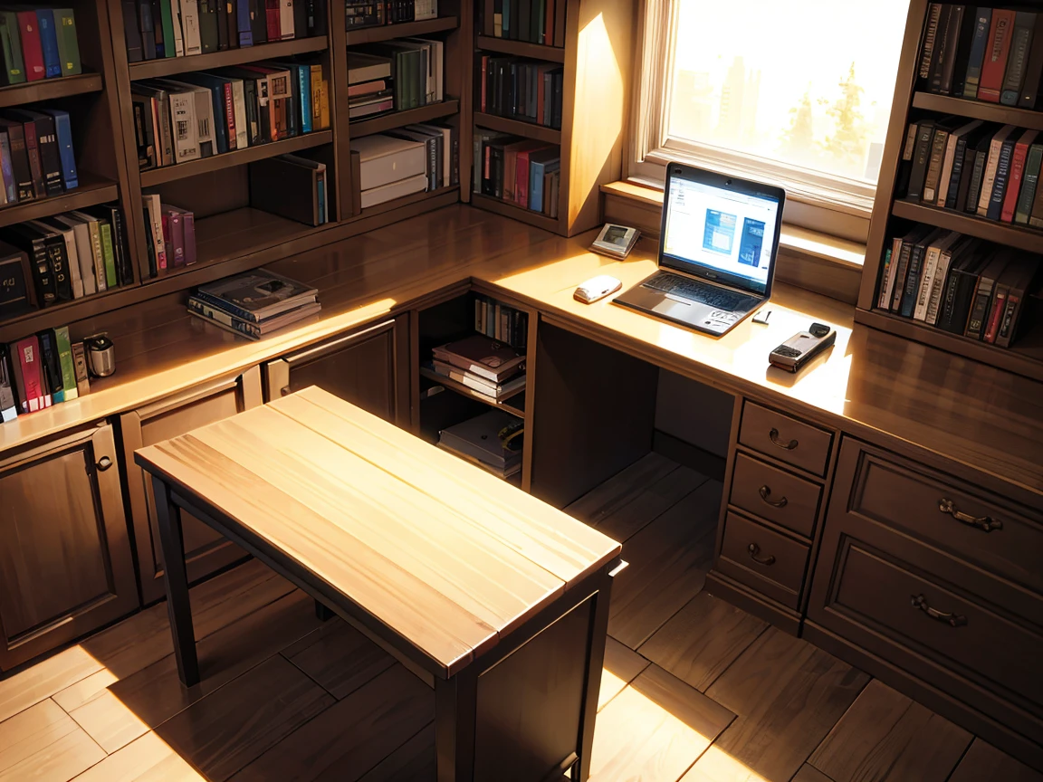 A dark room filled with bookshelves、desk with a computer、No people