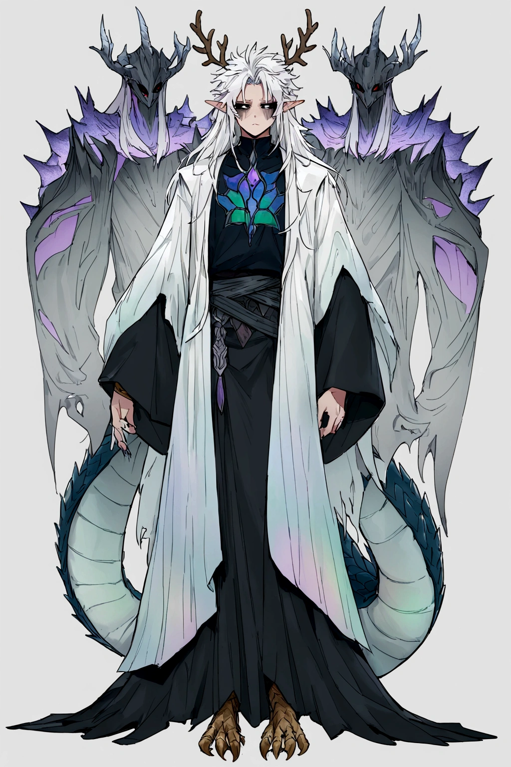 Solo, male , Character fusion: Nibelung fused with nidhoggr, odin and sun wukong, tall tanned man with wild unruly white hair, bangs on face, bangs, ((iridescent irises)), black sclera on eyes, long voluminous hair, spiky hair, pointy ears, fit , clawed fingers, dragon tail, open haori, turtleneck tanktop, dark crystal antlers, exhausted expression, khaenr'ah abyss, draconic person, s9vereign of the abyss, calamity incarnate, full body