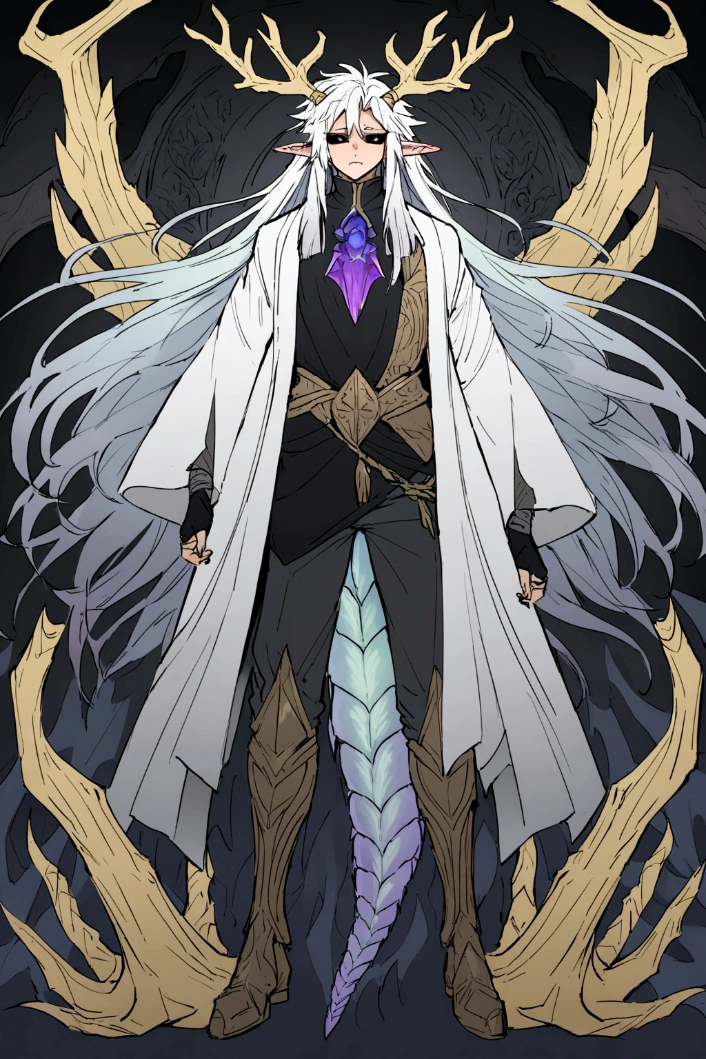 Solo, male teen, Character fusion: Nibelung fused with nidhoggr, odin and sun wukong, tall tanned man with wild unruly white hair, bangs on face, bangs, ((iridescent irises)), black sclera on eyes, long voluminous hair, spiky hair, pointy ears, fit , clawed fingers, dragon tail, open haori, turtleneck tanktop, dark crystal antlers, exhausted expression, khaenr'ah abyss, draconic person, s9vereign of the abyss, calamity incarnate,  full body