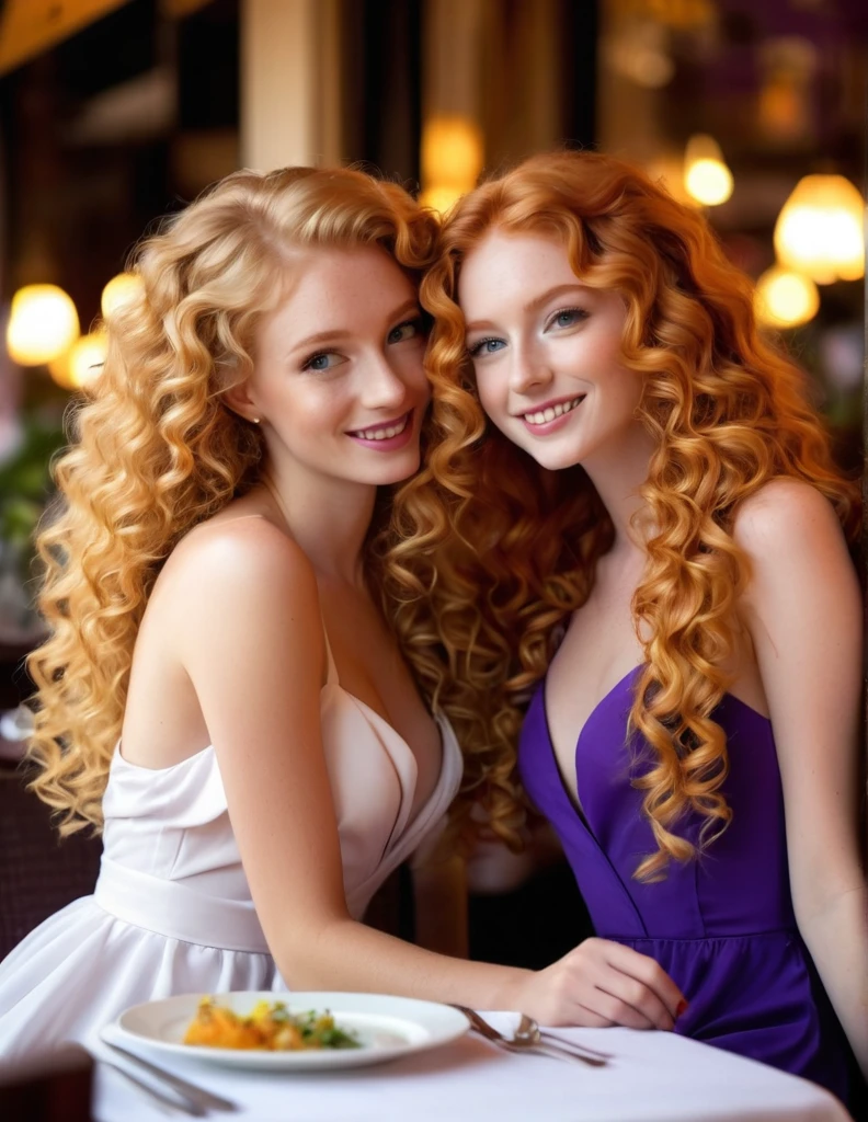 2 very attractive 25 year old girls, 1 long very curly ginger hair, wearing white dress, 1 long wavy platinum blonde hair, wearing purple dress, sitting on a french restaurant having dinner, very romantic, very much in love, very realistic