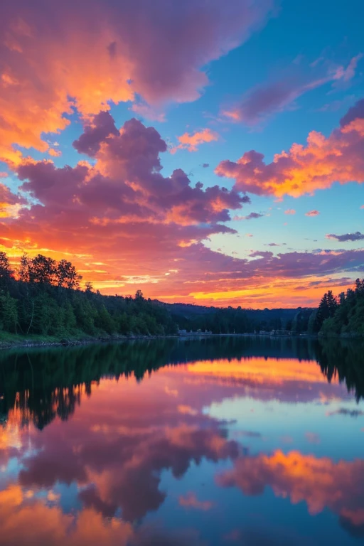 there is a beautiful sunset with a lake and trees in the background, colorful skies, surreal colors, colorful sunset, colorful sky, marvellous reflection of the sky, stunning sky, dream like atmosphere 8k, colorful clouds, colors reflecting on lake, surreal sky, red and blue reflections, fire reflection, beautiful sky, beautiful and spectacular dusk, beautiful dreamy landscape, amazing sky,real