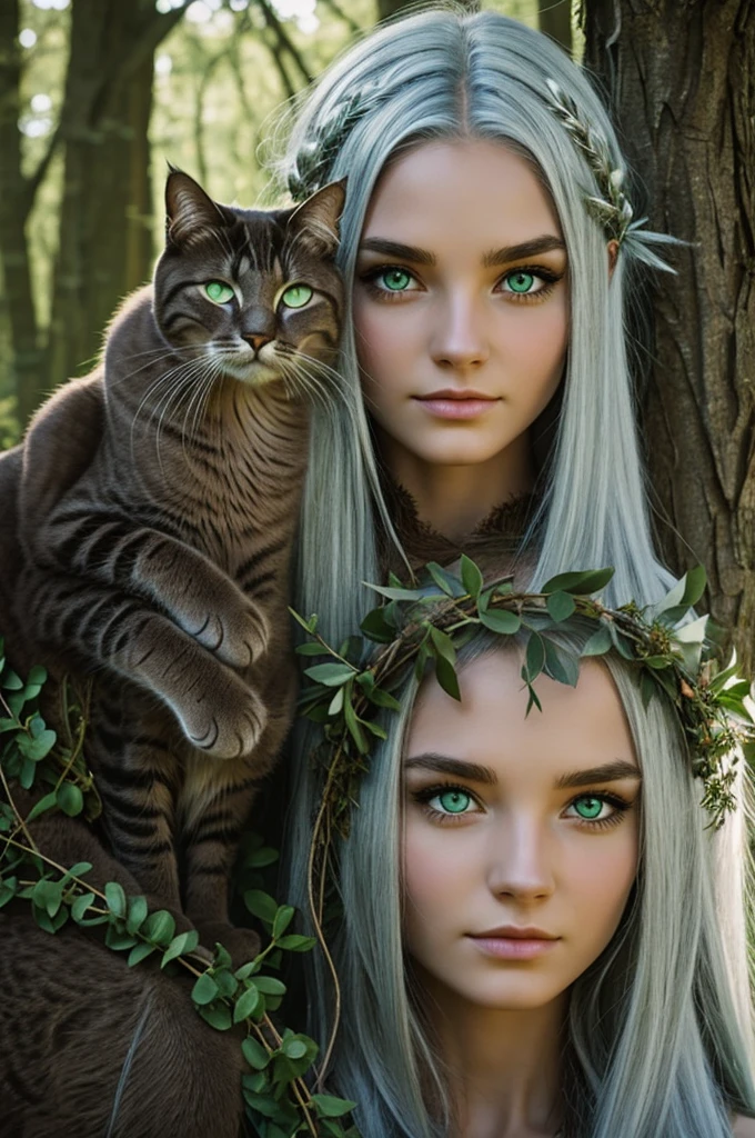 A druid girl, half human and cat with silver hair and green eyes