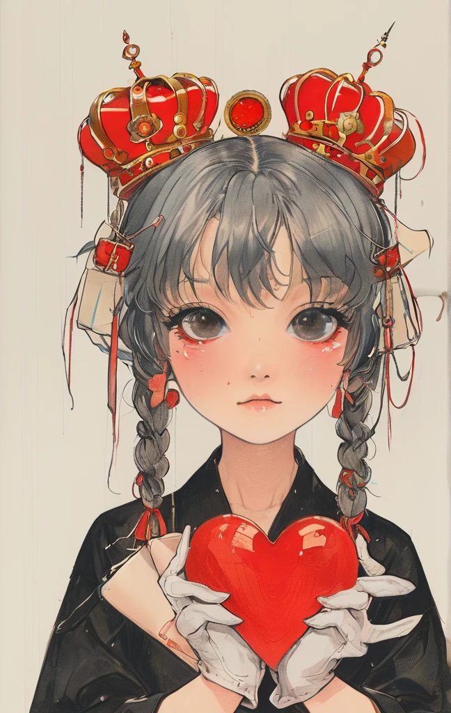 masterpiece, best quality, 1girl, gloves, solo, tongue, red background, black gloves, tongue out, long hair, elbow gloves, bangs, puffy sleeves, open mouth, grey hair, short sleeves, looking at viewer, hands on own face, upper body, blunt bangs, puffy short sleeves, colored tongue, heart, black dress, dress, hands on own cheeks, red eyes, facial mark, crown, simple background, tattoo, string, teeth, halftone
