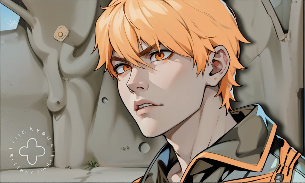 cute boy with orange hair and orange eyes is upset he is talking to someone with his mouth open he is serious angry sad