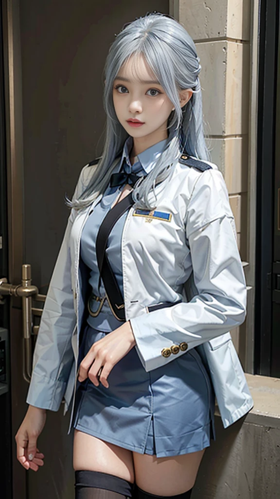 lifelike, high resolution, Soft Light, 1 female, Solitary, Hips up, blue eyes, Long white hair, military uniform, jacket, shirt, skirt