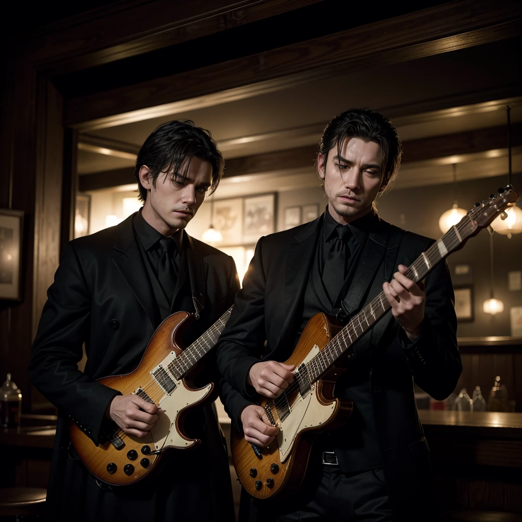 a man with two heads emerging from the same body, playing guitar in a dimly lit bar, full-length portrait, wearing a black overcoat, photorealistic, cinematic lighting, dark atmosphere, dramatic shadows, moody, surreal, masterpiece, highly detailed, 8k, intricate details, hyperrealistic, dramatic chiaroscuro, gothic, haunting, cinematic, emotive, mesmerizing, atmospheric, visually striking