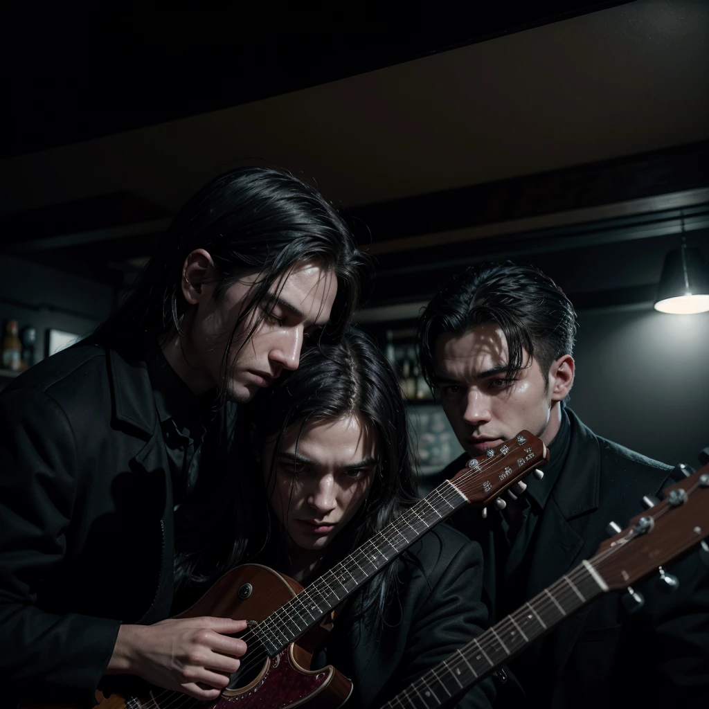 a man with two heads emerging from the same body, playing guitar in a dimly lit bar, full-length portrait, wearing a black overcoat, photorealistic, cinematic lighting, dark atmosphere, dramatic shadows, moody, surreal, masterpiece, highly detailed, 8k, intricate details, hyperrealistic, dramatic chiaroscuro, gothic, haunting, cinematic, emotive, mesmerizing, atmospheric, visually striking