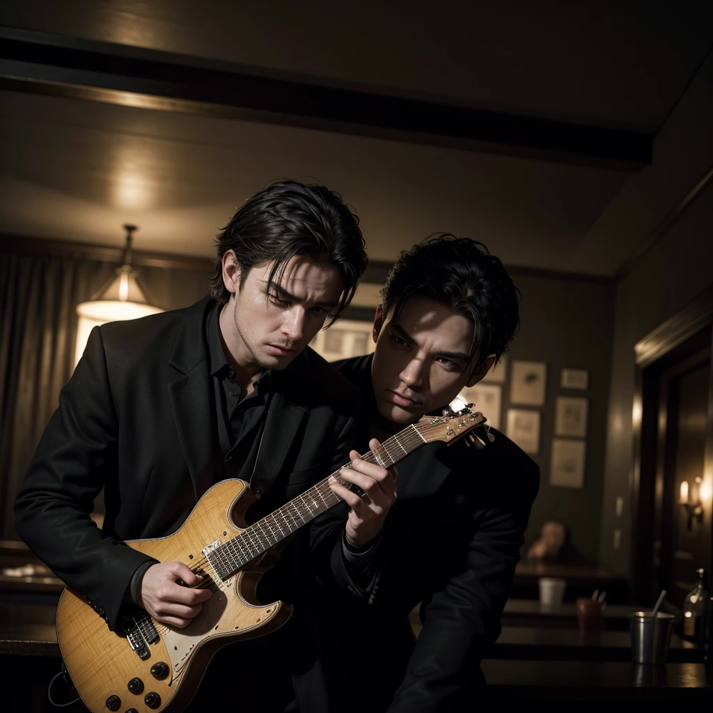 a man with two heads emerging from the same body, playing guitar in a dimly lit bar, full-length portrait, wearing a black overcoat, photorealistic, cinematic lighting, dark atmosphere, dramatic shadows, moody, surreal, masterpiece, highly detailed, 8k, intricate details, hyperrealistic, dramatic chiaroscuro, gothic, haunting, cinematic, emotive, mesmerizing, atmospheric, visually striking
