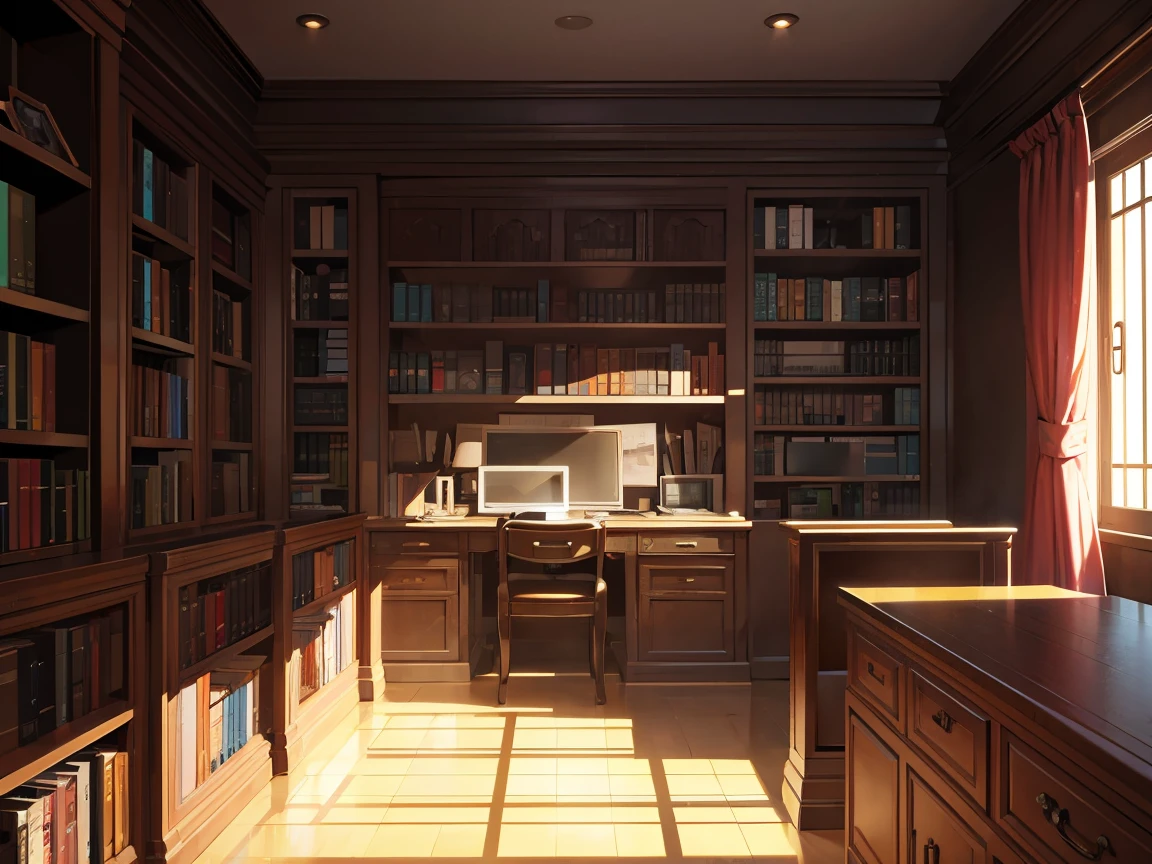 A dark study room completely covered with bookshelves、desk with a computer、No people