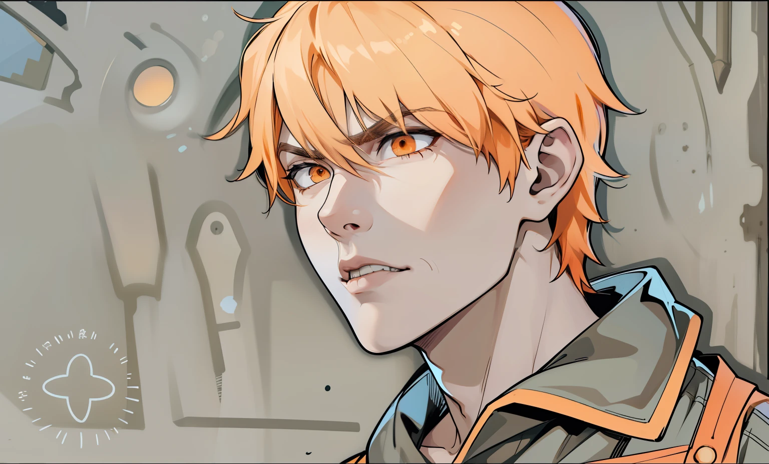 cute boy with orange hair and orange eyes is upset he is talking to someone with his mouth open he is serious angry sad