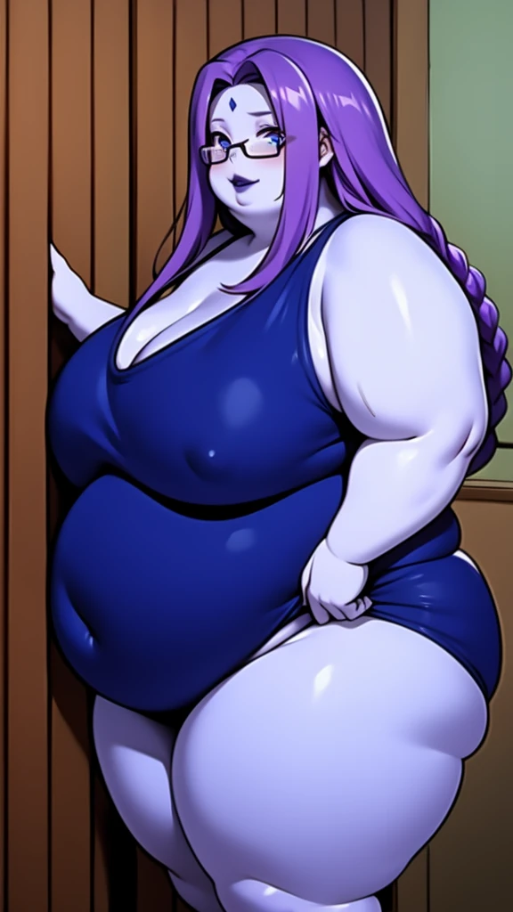 Anime Women, Lady、Forehead、Long braids down to the waist、Purple Hair、Glasses、Sharp eyes、Purple lips、Cobalt blue body、Cobalt blue skin、Are fat、Chubby、Voluptuous、obesity、Double chin、Thick neck、Big Breasts、Saggy breasts、Thick upper arms、Thick arms、thick fingers、Fat belly、Sagging belly、Thick legs、Big Ass、Brown clothes、Sweaty、Embarrassing、Side Shot