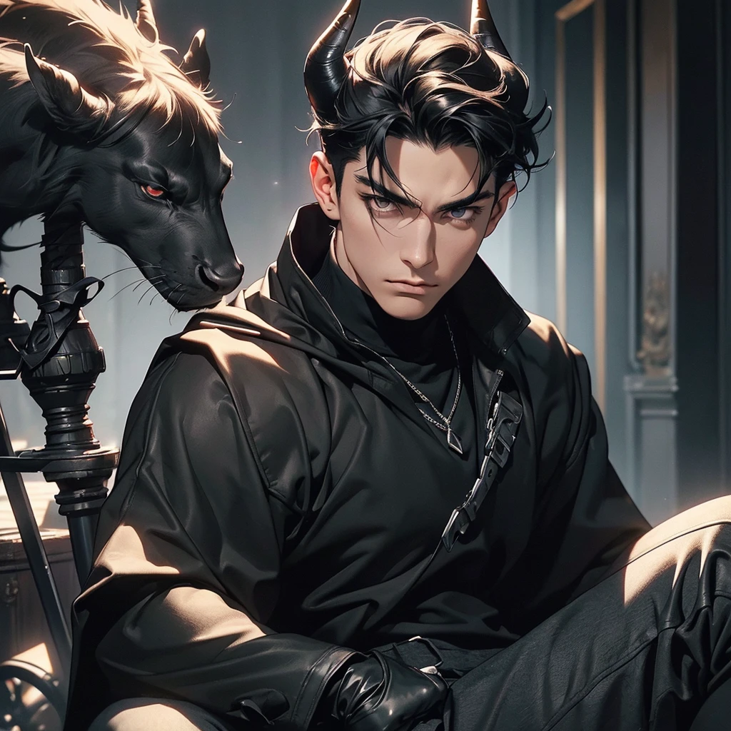 "(The best quality, 4k, 8k, High Resolutions, Masterpiece:1.2), ultra detailed, (realist, fotorrealist, fotorrealist: 1.37), Manhwa, (1 male, man, a man 20-30 years old), Gothic style, demonic, elegant, masculine, dominant, attractive, sexy, a penetrating look, (Messy short hair black hair), fringe that covers his forehead, perfect and detailed face, big body, muscular, ectomorfo, Without beard, demonic smile, mocking expression, arrogant, Dynamic pose with a black cape, pumped body, good anatomy, (dressed in a black long-sleeved shirt, black turtleneck, black denim pants, heavy boots, black leather gloves on both hands, long black horns facing back), (detailed eyes, Even the eyes)