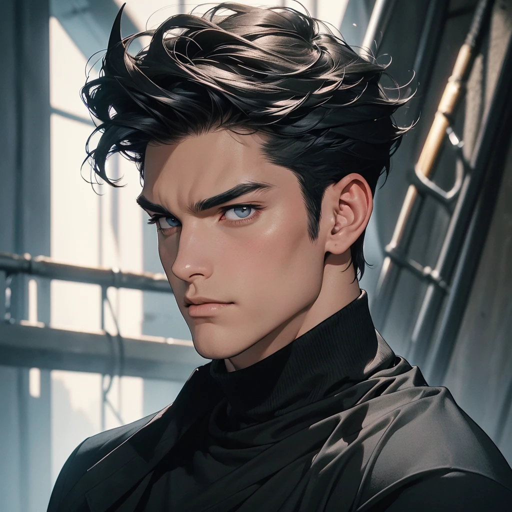 "(The best quality, 4k, 8k, High Resolutions, Masterpiece:1.2), ultra detailed, (realist, fotorrealist, fotorrealist: 1.37), Manhwa, (1 male, man, a man 20-30 years old), Gothic style, demonic, elegant, masculine, dominant, attractive, sexy, a penetrating look, (Messy short hair black hair), fringe that covers his forehead, perfect and detailed face, big body, muscular, ectomorfo, Without beard, demonic smile, mocking expression, arrogant, Dynamic pose with a black cape, pumped body, good anatomy, (dressed in a black long-sleeved shirt, black turtleneck, black denim pants, heavy boots, black leather gloves on both hands, long black horns facing back), (detailed eyes, Even the eyes)