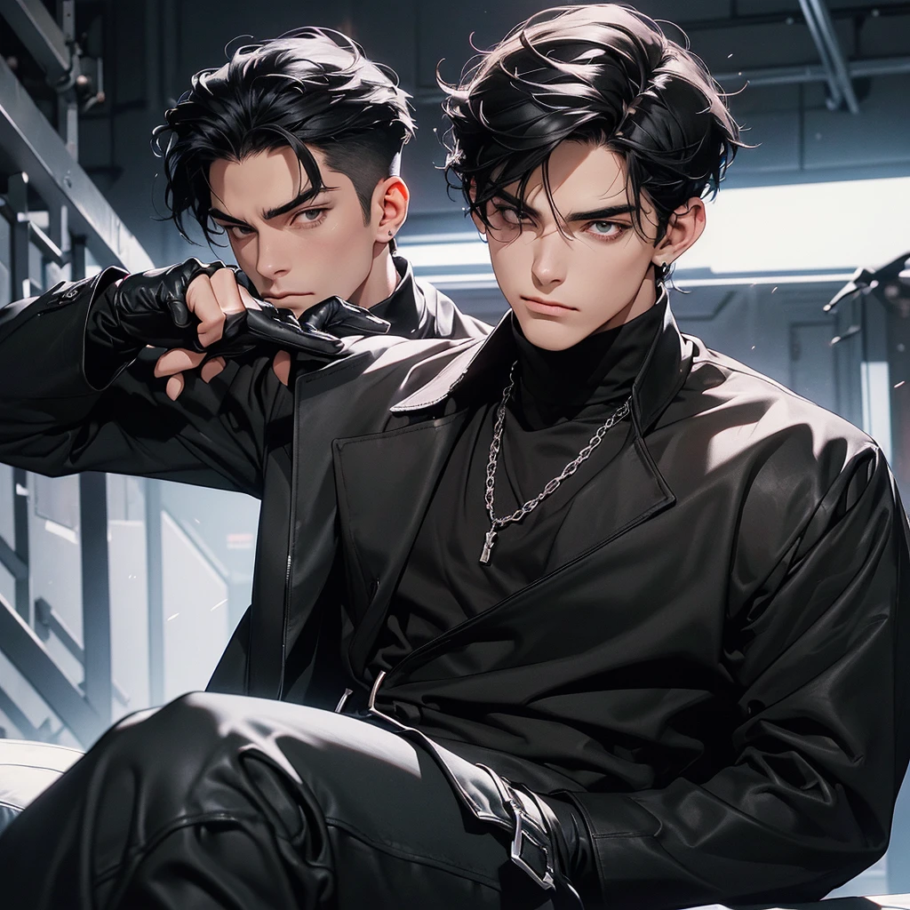 dark medium hair bespectacled japanese boy wearing a gantz costume anime style
