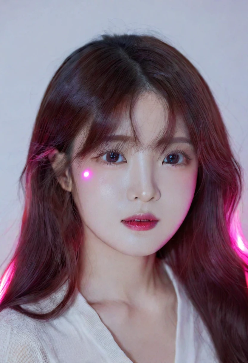 A Korean woman with long red hair and black eyes looking at the camera on a white background illuminated by pink LED light