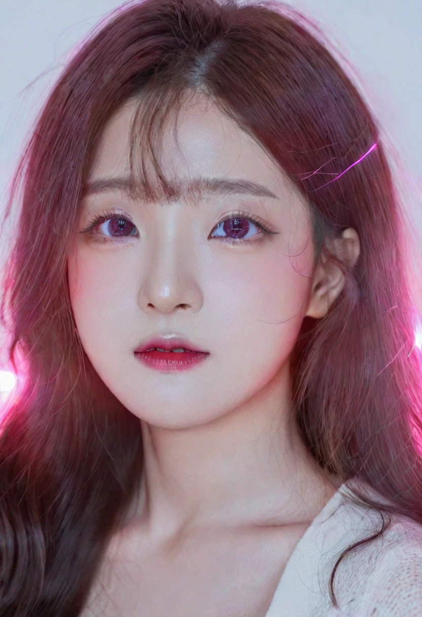 A Korean woman with long red hair and black eyes looking at the camera on a white background illuminated by pink LED light