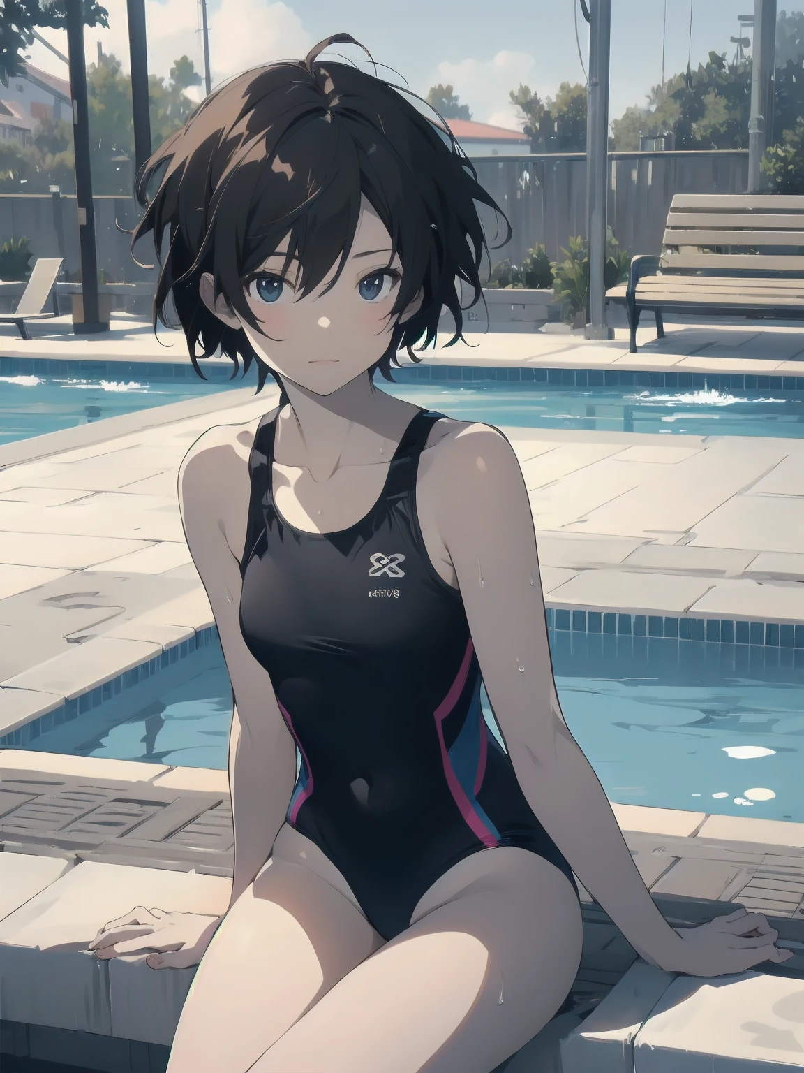 ultra-Top-quality by art God, ultra-detailed, high resolution, shinkai makoto style, anime moe artstyle, best anime 8k konachan wallpaper, pixiv contest winner, perfect anatomy, break,(Please draw a picture of a girl in a swimsuit sitting sleepily on a bench by the poolside alone.),break, a hyperrealistic school girl, (Solo,ta, kid, 13-year-old:1.3),Full limbs, complete fingers, androgynous charm, (very short hair), wet hair, small breasts,slender body, Small butt, groin, Small black eyes,hanme,beautiful detailed eyes, well-proportioned iris and pupils, sleepy eyes, highres detailed hair, swimsuit, wet swimsuit, bare shoulders, thighs, in the school pool. break,super detailed skin, shiny skin, Best lighting powered by famous artist, 8k, illustration,UHD, textured skin