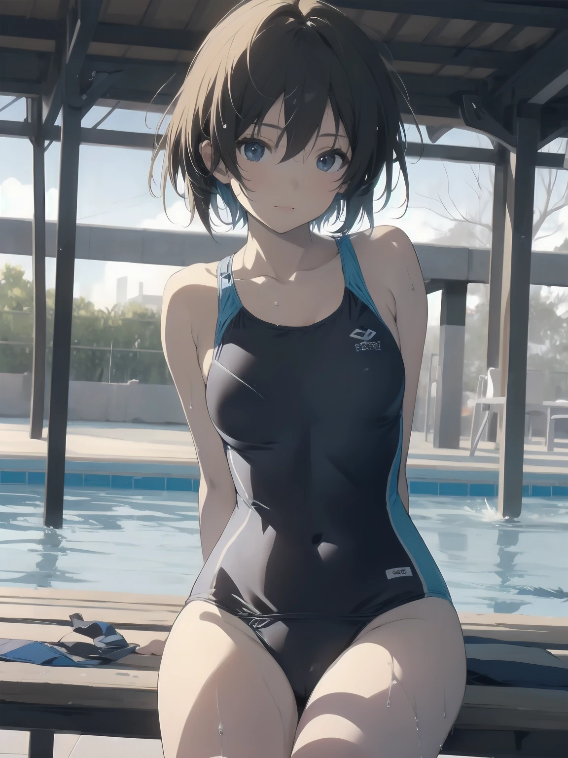 ultra-Top-quality by art God, ultra-detailed, high resolution, shinkai makoto style, anime moe artstyle, best anime 8k konachan wallpaper, pixiv contest winner, perfect anatomy, break,(Please draw a picture of a girl in a swimsuit sitting sleepily on a bench by the poolside alone.),break, a hyperrealistic school girl, (Solo,lolita, , 13-ar-1.3),l limbs, complete fingers, androgynous charm, (very short hair), wet hair, small breasts,slender body, Small butt, groin, Small black eyes,hanme,beautiful detailed eyes, well-proportioned iris and pupils, sleepy eyes, highres detailed hair, swimsuit, wet swimsuit, bare shoulders, thighs, in the school pool. break,super detailed skin, shiny skin, Best lighting powered by famous artist, 8k, illustration,UHD, textured skin