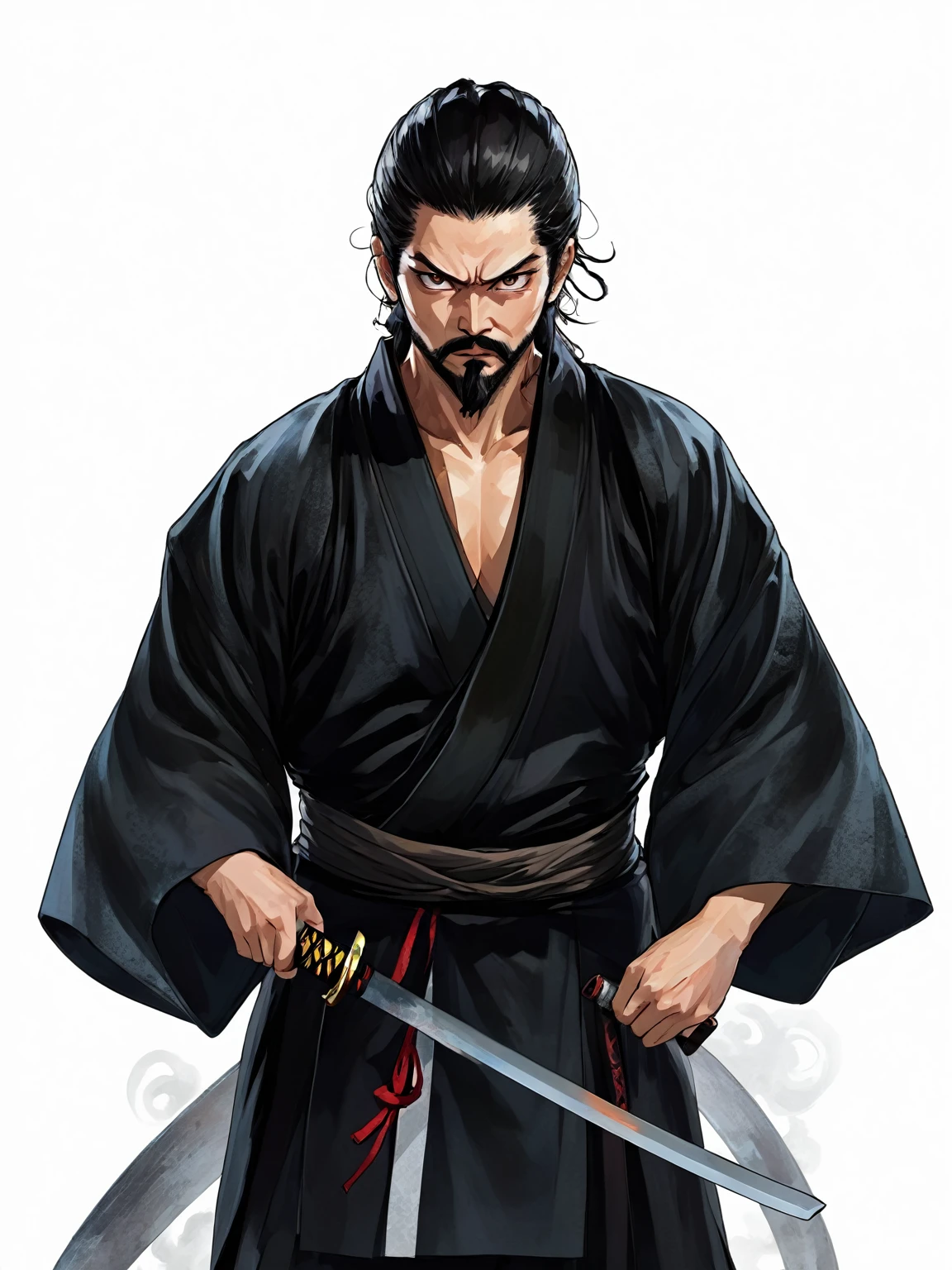 close up of a person holding a katana, portrait of samurai, handsome guy in demon slayer art, dark cloaked necromancer, musashi miyamoto, standing, fighting stance, looking at the viewer, front camera, eye level, handsome, beard, long hair, angry expression, drawing sword pose, wearing black robe
