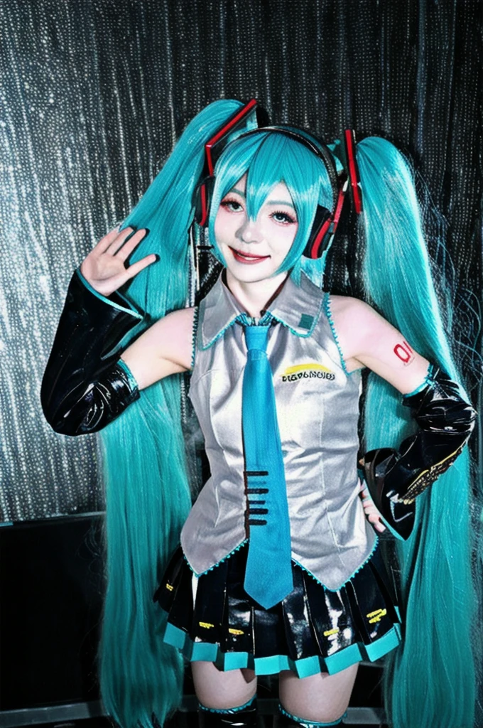 best quality, masterpiece, realistic, photorealistic, 1girl, solo, looking at viewer, smile, standing, upper body, hatsune miku cosplay costume, hatsune miku, cosplay, aqua hair, twintails, very long hair, hair ornament, headphones, headset, shirt, skirt, pleated skirt, necktie, aqua necktie, detached sleeves, tattoo, thigh boots, in stage, audience, bands, psyllium, singing,
 