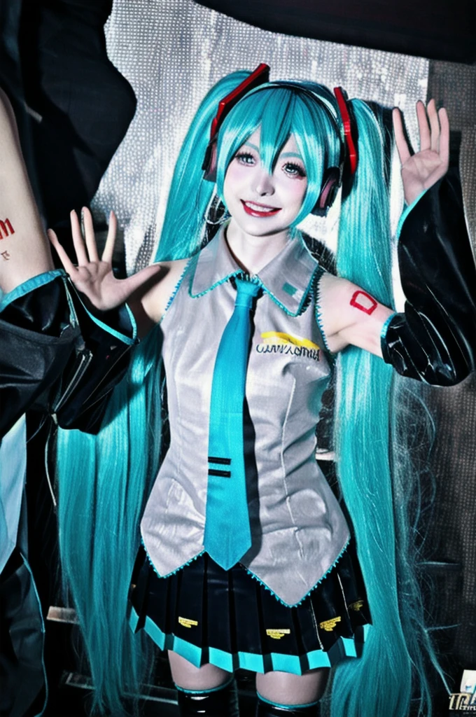 best quality, masterpiece, realistic, photorealistic, 1girl, solo, looking at viewer, smile, standing, upper body, hatsune miku cosplay costume, hatsune miku, cosplay, aqua hair, twintails, very long hair, hair ornament, headphones, headset, shirt, skirt, pleated skirt, necktie, aqua necktie, detached sleeves, tattoo, thigh boots, in stage, audience, bands, psyllium, singing,
 