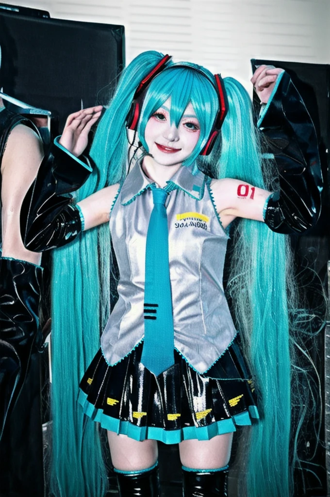 best quality, masterpiece, realistic, photorealistic, 1girl, solo, looking at viewer, smile, standing, upper body, hatsune miku cosplay costume, hatsune miku, cosplay, aqua hair, twintails, very long hair, hair ornament, headphones, headset, shirt, skirt, pleated skirt, necktie, aqua necktie, detached sleeves, tattoo, thigh boots, in stage, audience, bands, psyllium, singing,
 