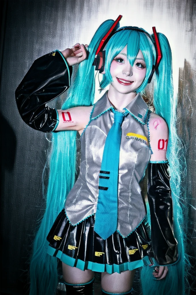 best quality, masterpiece, realistic, photorealistic, 1girl, solo, looking at viewer, smile, standing, upper body, hatsune miku cosplay costume, hatsune miku, cosplay, aqua hair, twintails, very long hair, hair ornament, headphones, headset, shirt, skirt, pleated skirt, necktie, aqua necktie, detached sleeves, tattoo, thigh boots, in stage, audience, bands, psyllium, singing,
 