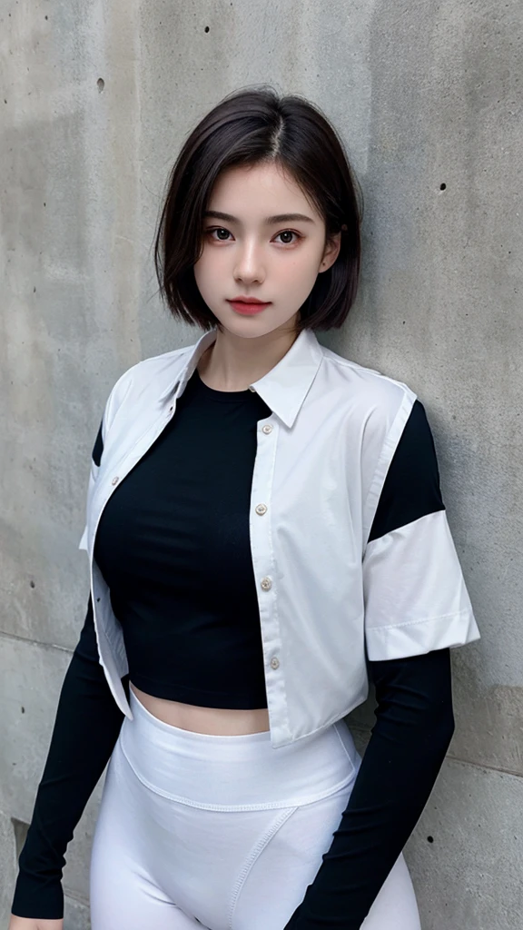 ((best quality)), photorealistic, photorealism, Photorealistic, high resolution, Beautiful, Baby Face, 20 Years Old, White Skin, pale skin, Medium Breast, Combat pose, looking at the camera, (Detailed face), short hair, (wearing white long sleeve button up blouse, short leggings, black gloves, high-tech headset), cloths color based on black dark blue), Gun, Fingers are occluded, concrete murall wall background,