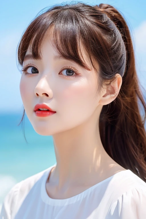 Delicate facial features, bangs, Brown ponytail, Messy Hair, The hair is very realistic, Wearing a short-sleeved white shirt, The background is empty, Ocean view, Du Qiong, Exquisite makeup, thin red lips, Big eyes, double eyelid, Black Hole, Bright Eyes, Symmetrical face, The face is very realistic, The girl&#39;s face was carefully drawn, blush, Super high-end look, Looking at the audience, Extremely realistic skin, Sebaceous reflex, artwork, Clothing with real fabric texture, Realistic,  Photo level, Ray Tracing, Realistic light and shadow effects, realism, masterpiece, Like the photo effect above, 8K highest image quality is full ,