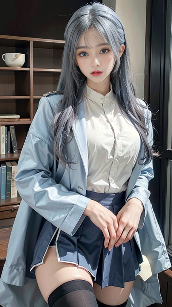 lifelike, high resolution, Soft Light, 1 female, Solitary, Hips up, blue eyes, Long white hair, military uniform, jacket, shirt, skirt