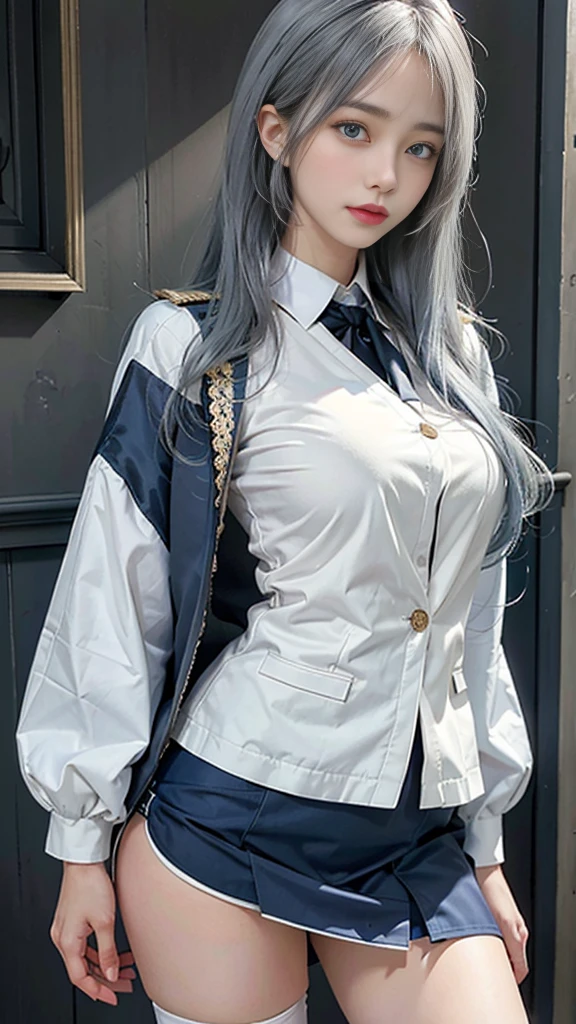 lifelike, high resolution, Soft Light, 1 female, Solitary, Hips up, blue eyes, Long white hair, military uniform, jacket, shirt, skirt