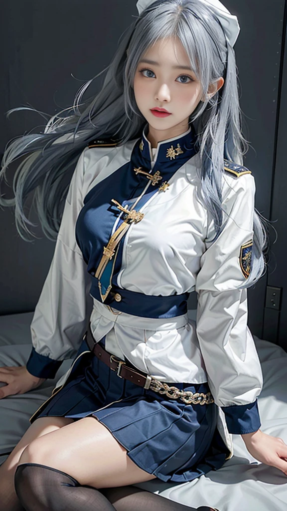 lifelike, high resolution, Soft Light, 1 female, Solitary, Hips up, blue eyes, Long white hair, military uniform, jacket, shirt, skirt