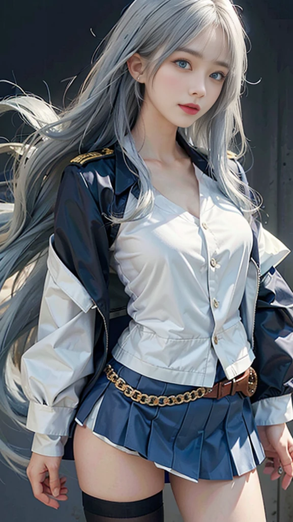 lifelike, high resolution, Soft Light, 1 female, Solitary, Hips up, blue eyes, Long white hair, military uniform, jacket, shirt, skirt