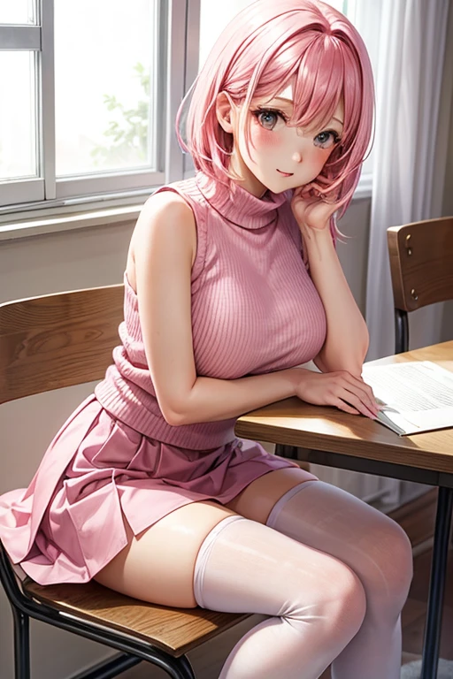 Make a girl with pink hair, with a pink sleeveless sweater, with pink miniskirt, with white stockings, pink shoes. Sitting drawing next to a table