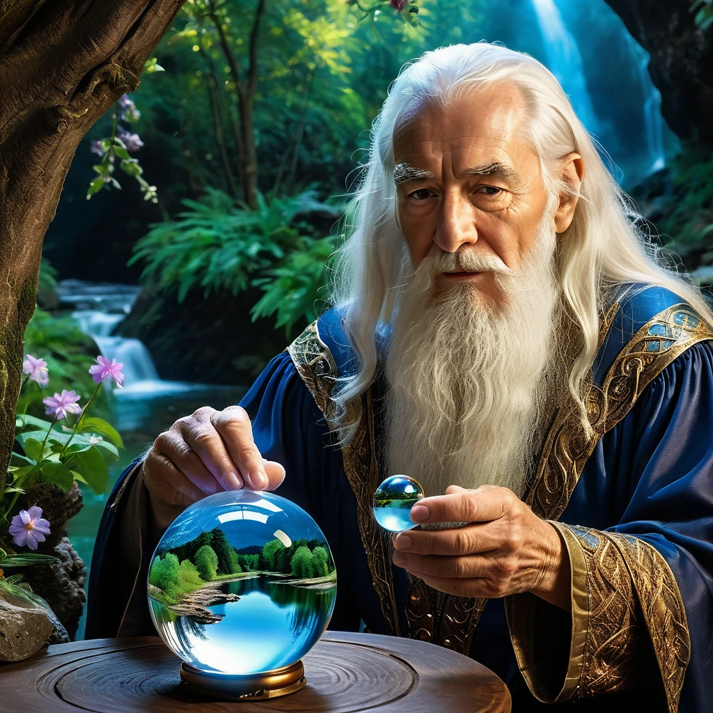 Create a highly detailed and realistic image of an elderly wizard with long white hair and a beard, holding a crystal ball. The crystal ball contains a miniature, vivid landscape with a river flowing through a lush forest, surrounded by trees and flowers. The wizard's expression is contemplative as he gazes at the scene within the crystal ball. The background includes a dimly lit, mystical setting with arches and soft, warm lighting, adding to the magical atmosphere. Photo Realistic photo, vibrant colors, 16k