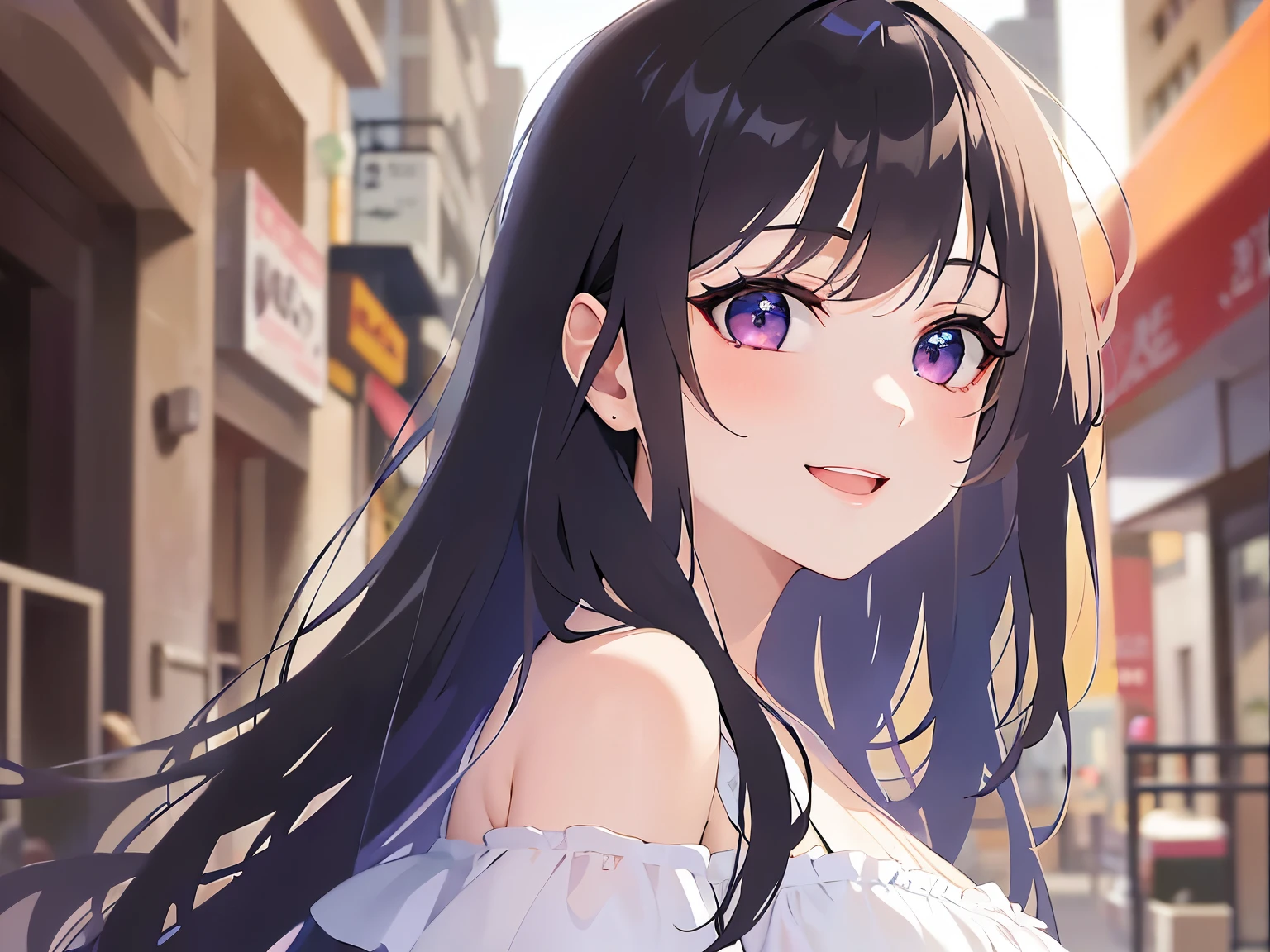 Detailed CG,Ultra-fine illustrations,masterpiece,Highest quality,AW Photo,(Pale skin:1.2),Glossy skin, shiny hair,(A 26-year-old woman with straight hair and bangs)and(Medium Hair)and(Black Hair)and(Purple eyes),BREAK(white:1.5)and(off shoulder blouse:1.5)BREAK,(happy smile:1.5)and(open mouth),The background is a late-night shopping street,alone,Cleavage,side angle, (looking away:1.5),profile