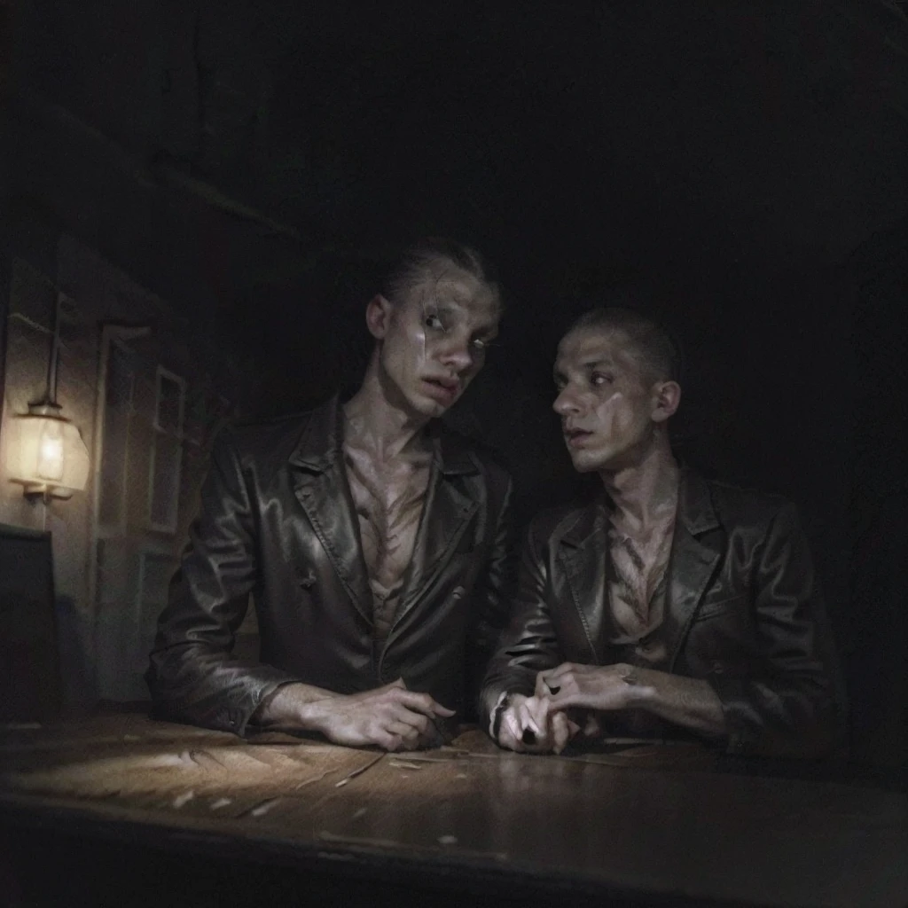 a man with two heads emerging from the same body, playing guitar in a dimly lit bar, full-length portrait, wearing a black overcoat, photorealistic, cinematic lighting, dark atmosphere, dramatic shadows, moody, surreal, masterpiece, highly detailed, 8k, intricate details, hyperrealistic, dramatic chiaroscuro, gothic, haunting, cinematic, emotive, mesmerizing, atmospheric, visually striking